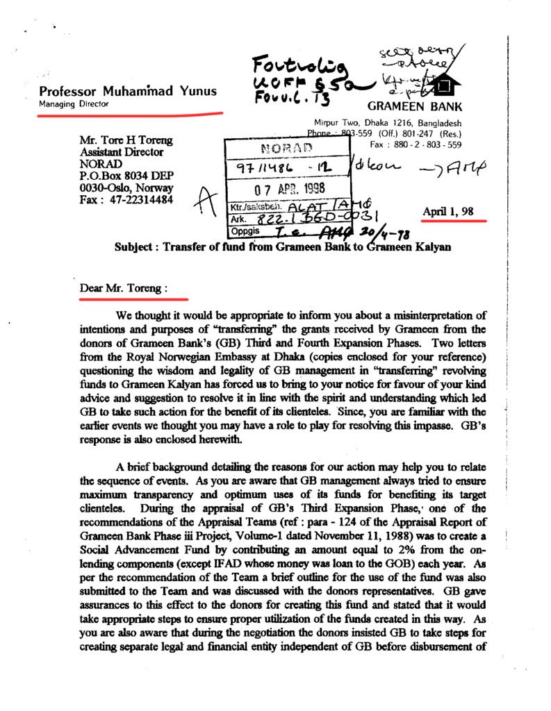 Muhammad Yunus's letter to Norad, 1998 (page 1)