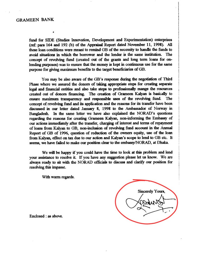 Muhammad Yunus's letter to Norad, 1998 (page 2)